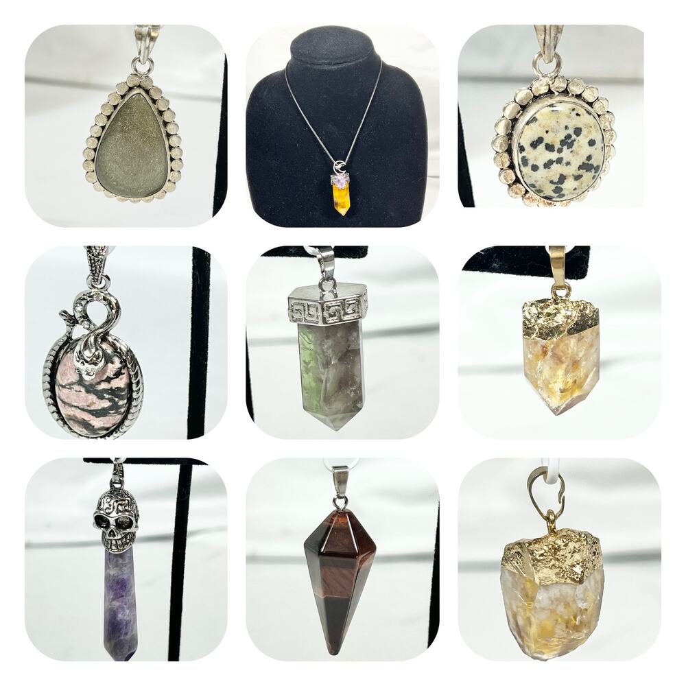 Assorted Gemstone Pendants Lot of 9 Handmade Silver Jewelry Hexagonal Teardrop